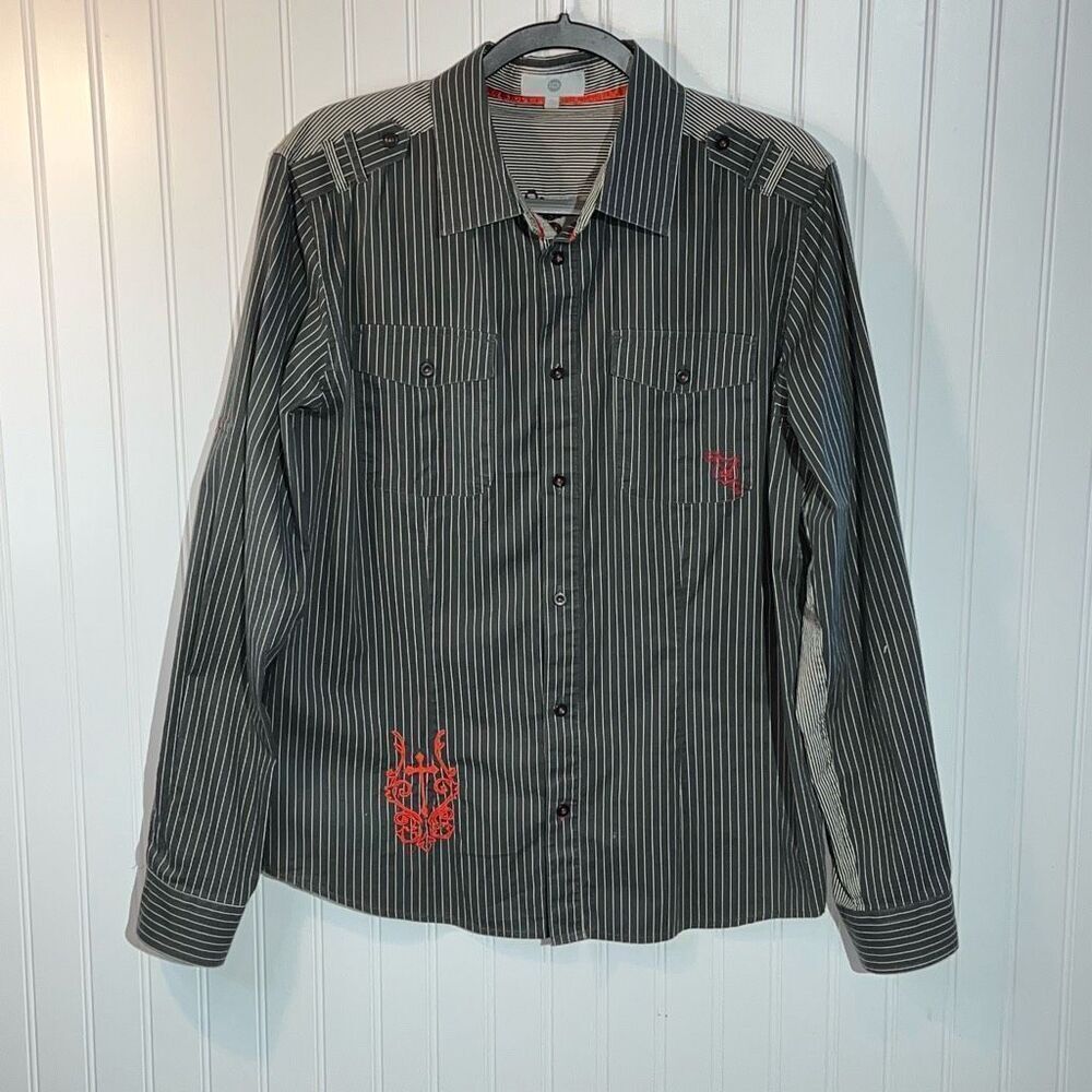 Vintage ID Wear Striped Shirt Mens XLarge Black Red Stripped Embroidered Cross